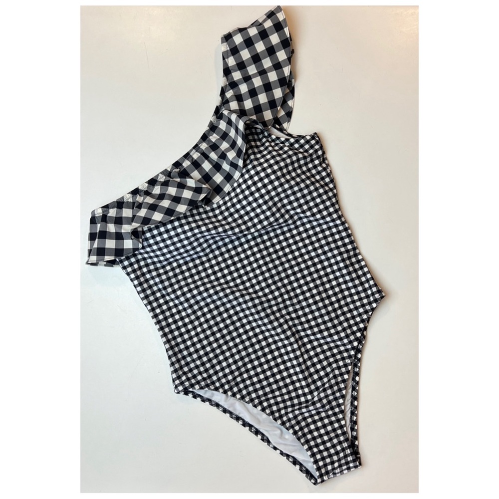 ✖️SOLD✖️•J.CREW•Black White Mixed Gingham One Shoulder Ruffle One Piece Swim - Picture 3 of 12